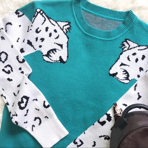 Blue Sweater with Snow Leopard Design Sleeve - Picture 2 of 4